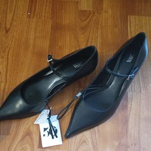 Zara Black Pointed Mary Jane Heels with Slim Ankle Strap